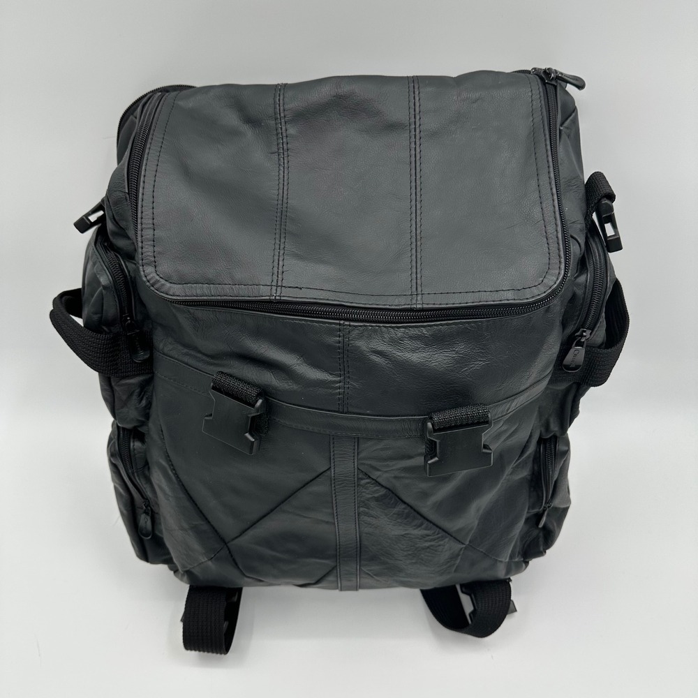 Carroll Black Leather Multi-Pocket Backpack Utility Travel Rucksack Bag - Picture 2 of 15